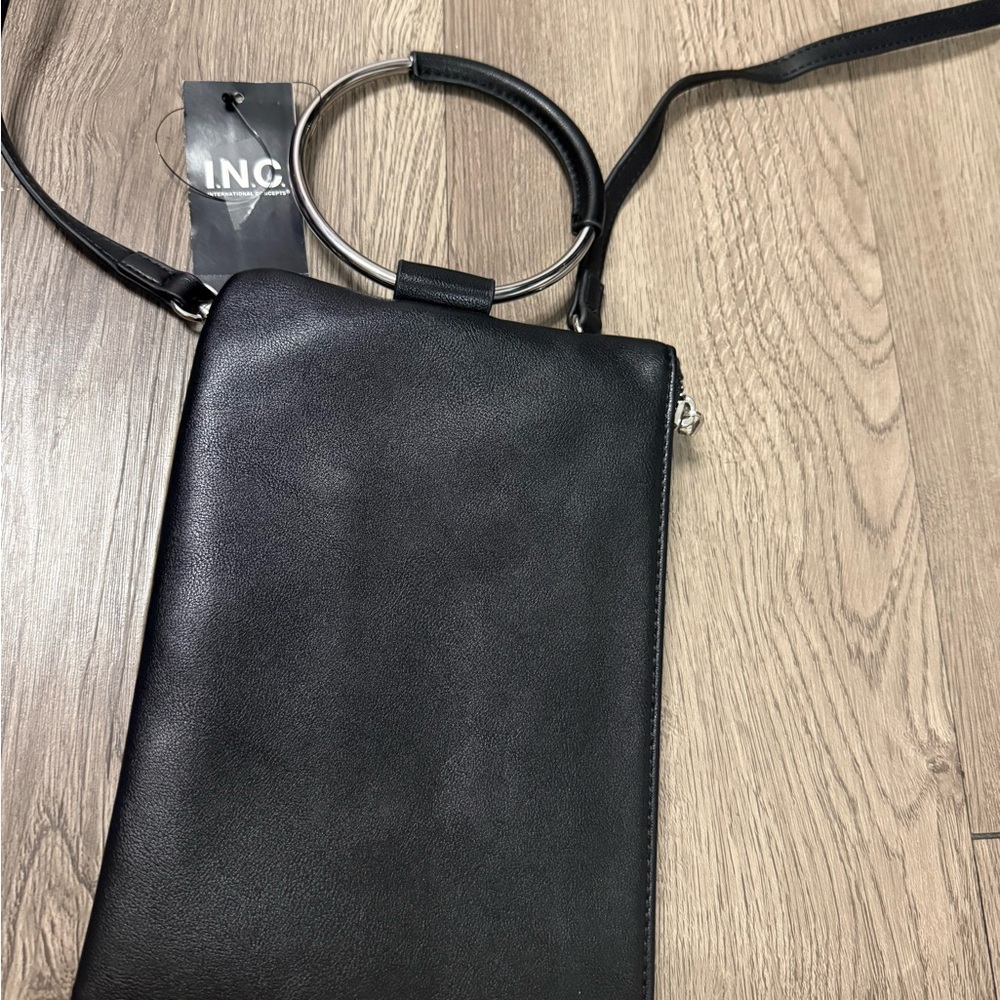 INC International Concepts Black Crossbody Bag with Silver Ring Handle